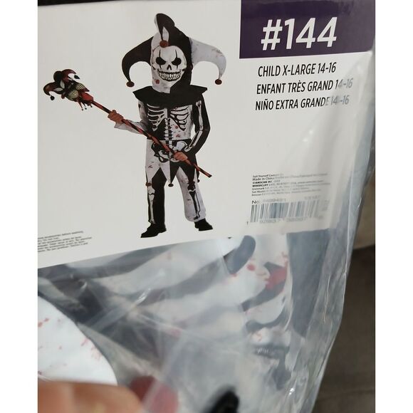 NEW Scary Jester Clown Suit Skeleton Child Halloween Costume Sz‎ XL 14-16 #739 - Picture 2 of 5